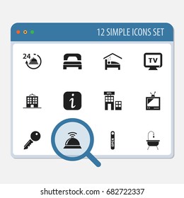 Set Of 12 Editable Motel Icons. Includes Symbols Such As Open Sign, Hotel, Service Bell And More. Can Be Used For Web, Mobile, UI And Infographic Design.