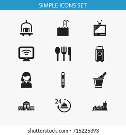 Set Of 12 Editable Motel Icons. Includes Symbols Such As Tv, Townhouse, Pool And More. Can Be Used For Web, Mobile, UI And Infographic Design.