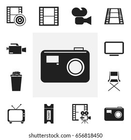 Set Of 12 Editable Movie Icons. Includes Symbols Such As Camcorder, Chair, Coupon And More. Can Be Used For Web, Mobile, UI And Infographic Design.
