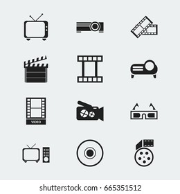 Set Of 12 Editable Movie Icons. Includes Symbols Such As Presentation, Filmstrip, Clapper And More. Can Be Used For Web, Mobile, UI And Infographic Design.