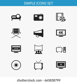 Set Of 12 Editable Movie Icons. Includes Symbols Such As Show, Camera Tape, The End And More. Can Be Used For Web, Mobile, UI And Infographic Design.