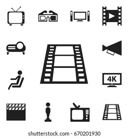 Set Of 12 Editable Movie Icons. Includes Symbols Such As Retro Tv, Home Cinema, Ultra Display And More. Can Be Used For Web, Mobile, UI And Infographic Design.