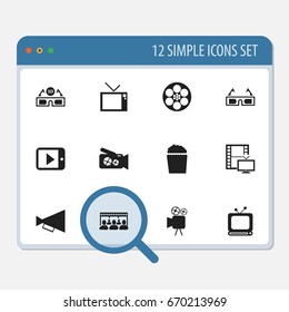 Set Of 12 Editable Movie Icons. Includes Symbols Such As Tablet Play, Film Glasses, Broadcast And More. Can Be Used For Web, Mobile, UI And Infographic Design.