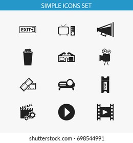 Set Of 12 Editable Movie Icons. Includes Symbols Such As Presentation, Loudspeaker, Clapperboard And More. Can Be Used For Web, Mobile, UI And Infographic Design.