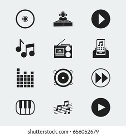 Set Of 12 Editable Mp3 Icons. Includes Symbols Such As Audio Note, Media Device, Musical Sign And More. Can Be Used For Web, Mobile, UI And Infographic Design.
