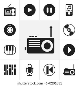 Set Of 12 Editable Mp3 Icons. Includes Symbols Such As Radio, Previous, Begin And More. Can Be Used For Web, Mobile, UI And Infographic Design.
