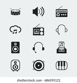 Set Of 12 Editable Mp3 Icons. Includes Symbols Such As Speaker, Studio Device, Retro Tuner And More. Can Be Used For Web, Mobile, UI And Infographic Design.