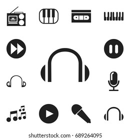 Set Of 12 Editable Mp3 Icons. Includes Symbols Such As Pause, Tape, Synthesizer And More. Can Be Used For Web, Mobile, UI And Infographic Design.