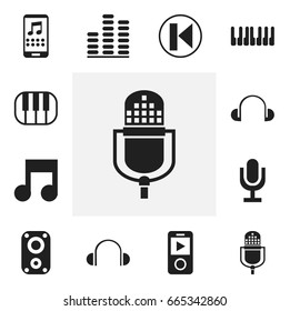 Set Of 12 Editable Music Icons. Includes Symbols Such As Smartphone, Microphone, Headsets And More. Can Be Used For Web, Mobile, UI And Infographic Design.