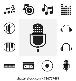Set Of 12 Editable Music Icons. Includes Symbols Such As Audio Note, Loudspeaker, Microphone And More. Can Be Used For Web, Mobile, UI And Infographic Design.