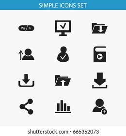 Set Of 12 Editable Network Icons. Includes Symbols Such As Song List, Download, Line Chart And More. Can Be Used For Web, Mobile, UI And Infographic Design.