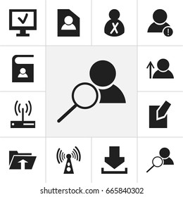 Set Of 12 Editable Network Icons. Includes Symbols Such As Telephone Directory, Magnifier, Wireless Transmission And More. Can Be Used For Web, Mobile, UI And Infographic Design.