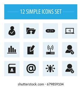 Set Of 12 Editable Network Icons. Includes Symbols Such As Approve User, Edit File, Telephone Directory And More. Can Be Used For Web, Mobile, UI And Infographic Design.
