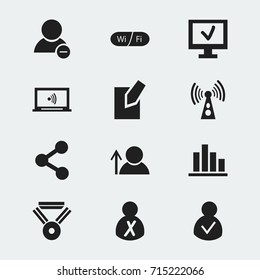 Set Of 12 Editable Network Icons. Includes Symbols Such As Delete Member, Medal, Line Chart And More. Can Be Used For Web, Mobile, UI And Infographic Design.