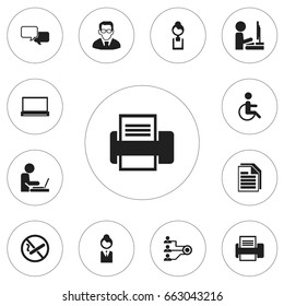 Set Of 12 Editable Office Icons. Includes Symbols Such As Handicapped, Monitor, Work At The Computer. Can Be Used For Web, Mobile, UI And Infographic Design.
