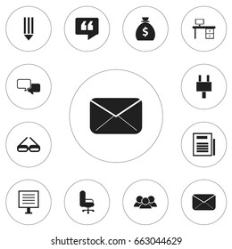 Set Of 12 Editable Office Icons. Includes Symbols Such As Group, Money Bag, Epistle And More. Can Be Used For Web, Mobile, UI And Infographic Design.