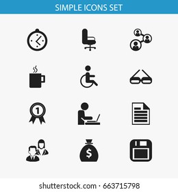 Set Of 12 Editable Office Icons. Includes Symbols Such As Eyeglasses, Blank, Handicapped. Can Be Used For Web, Mobile, UI And Infographic Design.