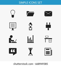 Set Of 12 Editable Office Icons. Includes Symbols Such As Comment, Display, Worker In Laptop And More. Can Be Used For Web, Mobile, UI And Infographic Design.