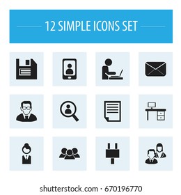 Set Of 12 Editable Office Icons. Includes Symbols Such As Socket, Office Desk, Job Woman And More. Can Be Used For Web, Mobile, UI And Infographic Design.