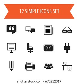 Set Of 12 Editable Office Icons. Includes Symbols Such As Socket, Comment, Eyeglasses And More. Can Be Used For Web, Mobile, UI And Infographic Design.