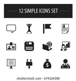 Set Of 12 Editable Office Icons. Includes Symbols Such As Socket, Globe, Message Bubble And More. Can Be Used For Web, Mobile, UI And Infographic Design.