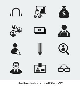 Set Of 12 Editable Office Icons. Includes Symbols Such As Money Bag, Pencil, Spectacle And More. Can Be Used For Web, Mobile, UI And Infographic Design.
