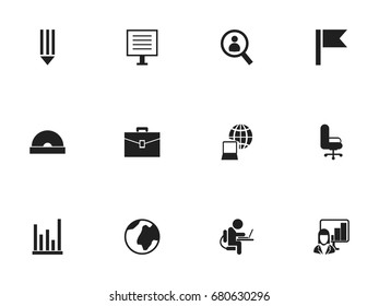 Set Of 12 Editable Office Icons. Includes Symbols Such As Pencil, Display, Earth And More. Can Be Used For Web, Mobile, UI And Infographic Design.