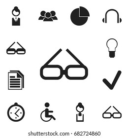 Set Of 12 Editable Office Icons. Includes Symbols Such As Spectacle, Businesswoman, Earphone And More. Can Be Used For Web, Mobile, UI And Infographic Design.