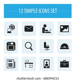 Set Of 12 Editable Office Icons. Includes Symbols Such As Office Desk, Page, Picture And More. Can Be Used For Web, Mobile, UI And Infographic Design.