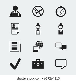 Set Of 12 Editable Office Icons. Includes Symbols Such As Conversation, Control, Job Woman And More. Can Be Used For Web, Mobile, UI And Infographic Design.