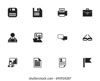 Set Of 12 Editable Office Icons. Includes Symbols Such As Floppy, Publicity, Pennant And More. Can Be Used For Web, Mobile, UI And Infographic Design.