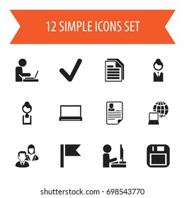 Set Of 12 Editable Office Icons. Includes Symbols Such As World, Work At The Computer, Monitor And More. Can Be Used For Web, Mobile, UI And Infographic Design.