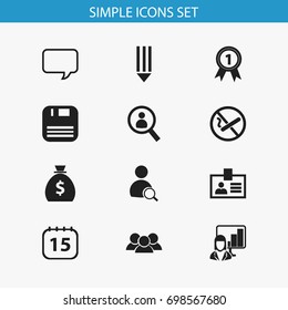 Set Of 12 Editable Office Icons. Includes Symbols Such As Smoking Forbidden, Presentation, Message Bubble And More. Can Be Used For Web, Mobile, UI And Infographic Design.