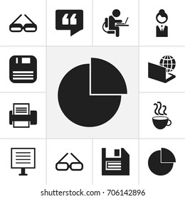Set Of 12 Editable Office Icons. Includes Symbols Such As Printing Machine, Job Woman, Eyeglasses And More. Can Be Used For Web, Mobile, UI And Infographic Design.