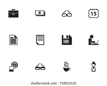 Set Of 12 Editable Office Icons. Includes Symbols Such As Portfolio, File, Cup Of Tea And More. Can Be Used For Web, Mobile, UI And Infographic Design.