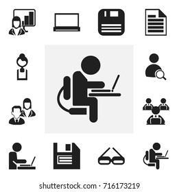 Set Of 12 Editable Office Icons. Includes Symbols Such As Person Working On Computer, Presentation, Floppy And More. Can Be Used For Web, Mobile, UI And Infographic Design.
