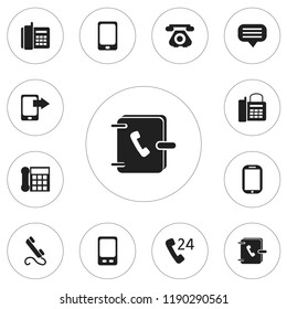 Set of 12 editable phone icons. Includes symbols such as hotline, call, send and more. Can be used for web, mobile, UI and infographic design.