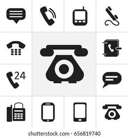 Set Of 12 Editable Phone Icons. Includes Symbols Such As Address Notebook, Chat, Smartphone And More. Can Be Used For Web, Mobile, UI And Infographic Design.