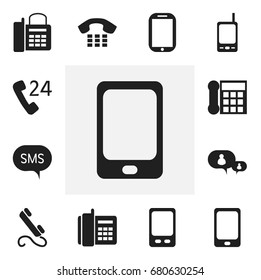 Set Of 12 Editable Phone Icons. Includes Symbols Such As Smartphone, Tablet, 24 Hour Servicing And More. Can Be Used For Web, Mobile, UI And Infographic Design.