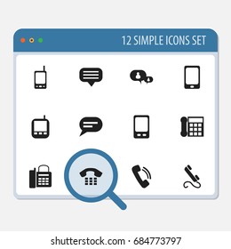 Set Of 12 Editable Phone Icons. Includes Symbols Such As Mobile, Chatting, Smartphone And More. Can Be Used For Web, Mobile, UI And Infographic Design.