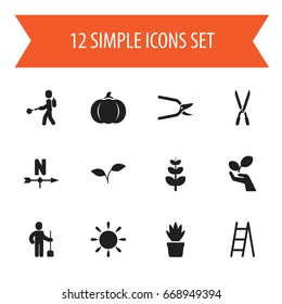 Set Of 12 Editable Planting Icons. Includes Symbols Such As Gourd, Plant Protection, Stairway And More. Can Be Used For Web, Mobile, UI And Infographic Design.