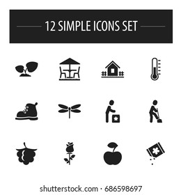 Set Of 12 Editable Planting Icons. Includes Symbols Such As Ploughman, Garden Seat, Temperature And More. Can Be Used For Web, Mobile, UI And Infographic Design.