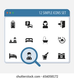 Set Of 12 Editable Plaza Icons. Includes Symbols Such As Bed, Champagne, Shower And More. Can Be Used For Web, Mobile, UI And Infographic Design.