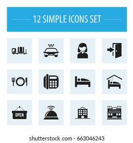 Set Of 12 Editable Plaza Icons. Includes Symbols Such As Hostel, Dishes, Phone And More. Can Be Used For Web, Mobile, UI And Infographic Design.