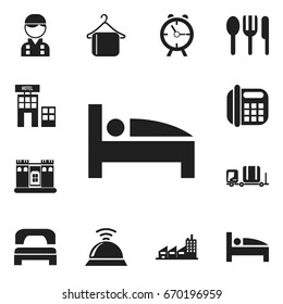 Set Of 12 Editable Plaza Icons. Includes Symbols Such As Restaurant, Alarm, Sleeping And More. Can Be Used For Web, Mobile, UI And Infographic Design.