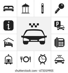 Set Of 12 Editable Plaza Icons. Includes Symbols Such As Dishes, Bedroom, Transport Car And More. Can Be Used For Web, Mobile, UI And Infographic Design.