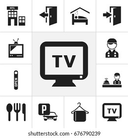 Set Of 12 Editable Plaza Icons. Includes Symbols Such As Open Sign, Restaurant, Auto Stand. Can Be Used For Web, Mobile, UI And Infographic Design.