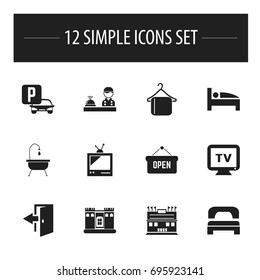 Set Of 12 Editable Plaza Icons. Includes Symbols Such As Shower, Sleeping, Fortress And More. Can Be Used For Web, Mobile, UI And Infographic Design.