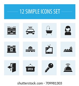 Set Of 12 Editable Plaza Icons. Includes Symbols Such As Building, Fortress, Service Bell And More. Can Be Used For Web, Mobile, UI And Infographic Design.