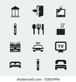 Set Of 12 Editable Plaza Icons. Includes Symbols Such As Door Closed, Monitor, Residence And More. Can Be Used For Web, Mobile, UI And Infographic Design.